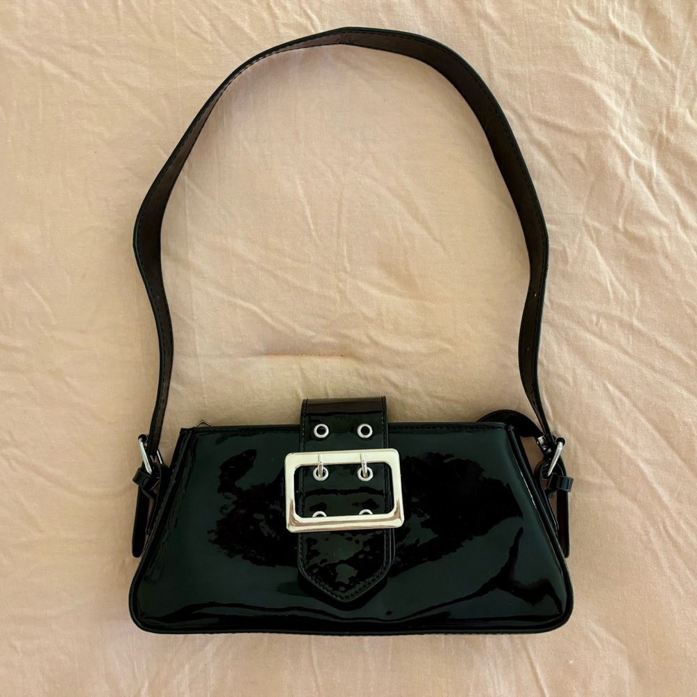 Black Patent PU Leather Shoulder Bag - Picture 3 of 5